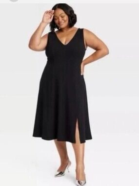 Ava & Viv Black V-Neck Sleeveless Front Slit Fit Flare Cotton Midi XXL